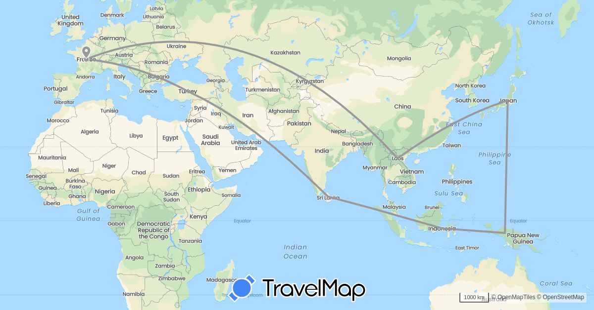 TravelMap itinerary: driving, plane in France, Indonesia, Japan, Laos, Sri Lanka, Turkey (Asia, Europe)